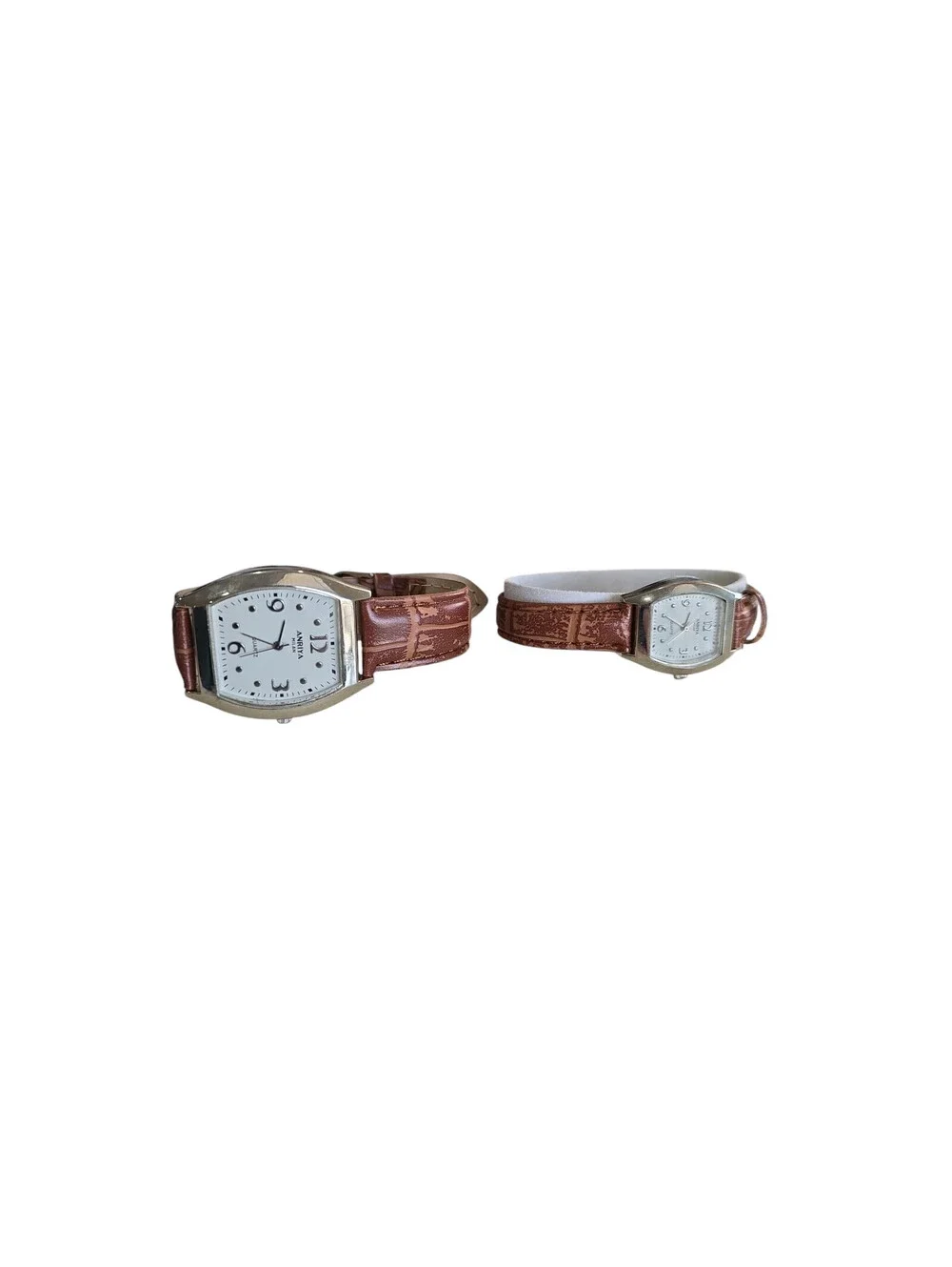 Anriya Milan Mens Womens Matching Watch Set Brown Leather Bands Vintage